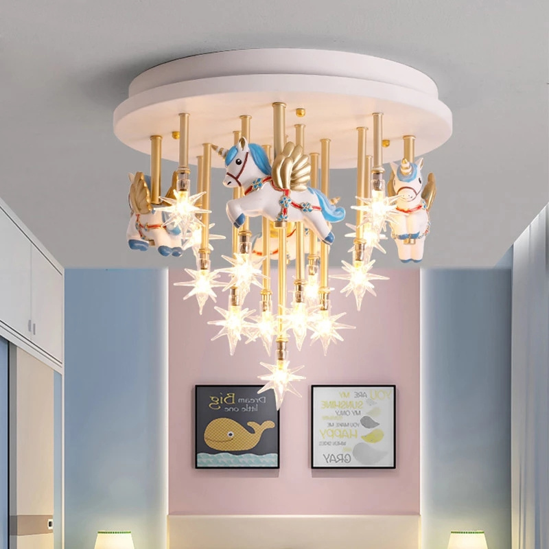 Cute go round shape LED Bedroom Lights Unicorn Chandelier ceiling Light Lamp For Baby Girls