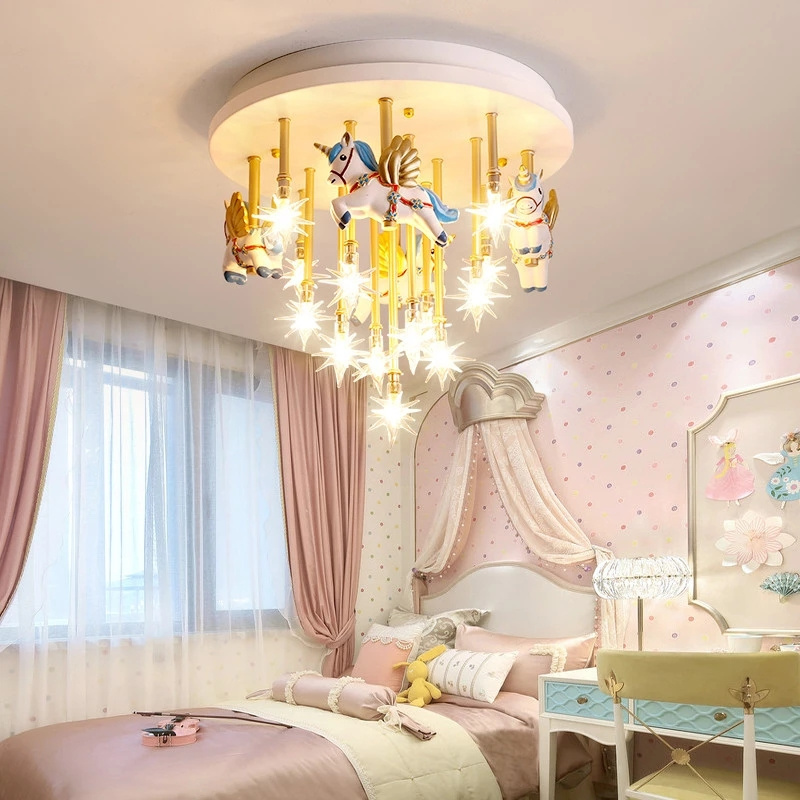 Cute go round shape LED Bedroom Lights Unicorn Chandelier ceiling Light Lamp For Baby Girls