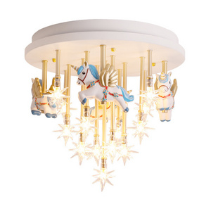 Cute go round shape LED Bedroom Lights Unicorn Chandelier ceiling Light Lamp For Baby Girls