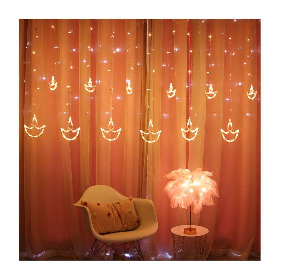 Hot Sell Fairy Icicle Christmas Diwali Decoration Lights Window  Diwali Anchor Curtain Diya Boat Row Lights With 8 Ramadan