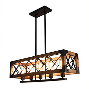 Indoor vintage rustic hanging wood rectangular pendant kitchen rectangle island lighting chandelier for restaurant