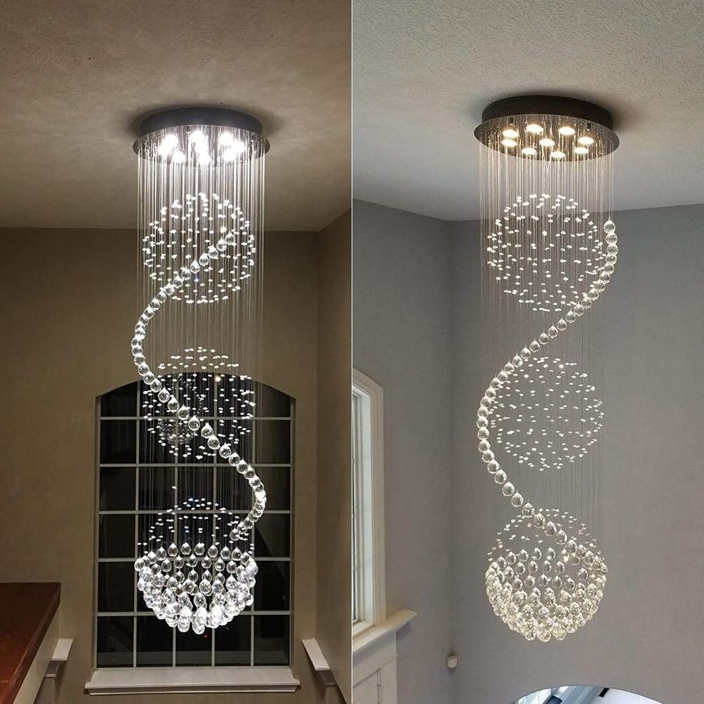 Crystal Chandelier Modern Spectacular LED Spiral Sphere Rain Drop K9 Ceiling Light Fixture for Living Room Hotel Hallway Foyer