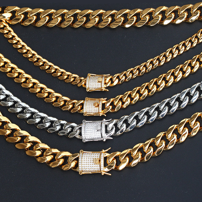 Hot sales Zirconia button 6mm 8mm 10mm 12mm 14k 18k gold plated stainless steel cuban link chain necklace