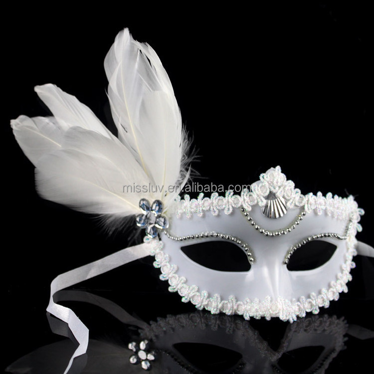 wholesale venetian white masks decorative with feather white masquerade masks