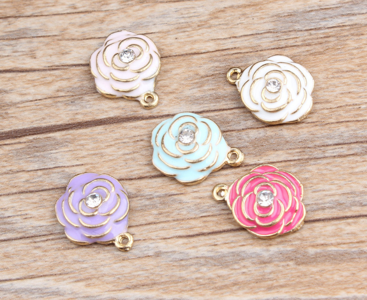 DIY metal alloy enamel rose flower charms for bracelet jewelry making multi-layer rose flower charms with crystal