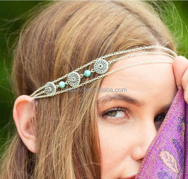 beach multilayer metal gold plated chain hair bands with turquoise beads hair accessories gold chain turquoise headband