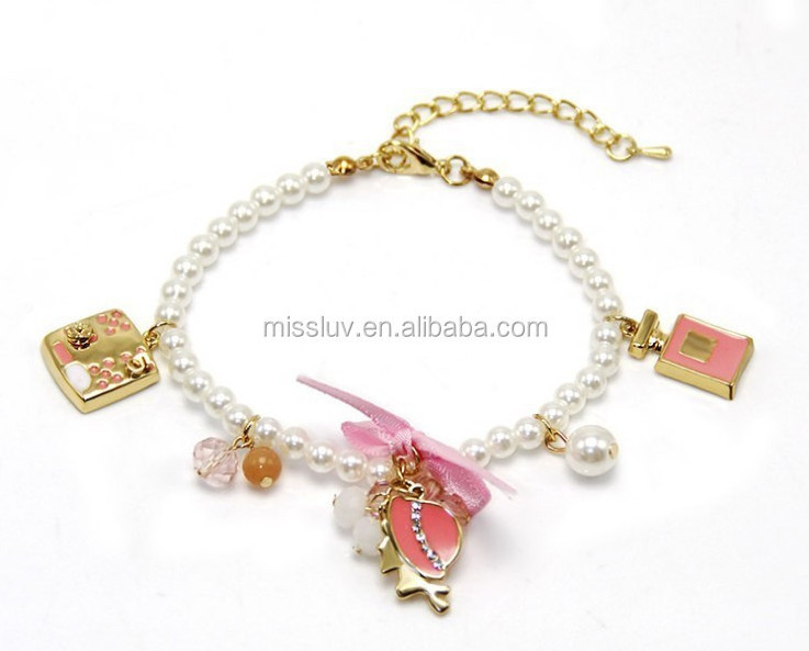 Stylish Luxurious Pearl Bracelet w/ Charming Perfume Bottle,Girls Pearl Stretch Bracelets