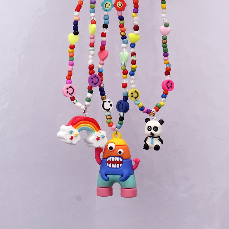 Girls Cartoon Monster Funny Hiphop Necklace Gifts Handmade Colorful Beads Rabbit Cat Panda Rainbow Pendant Cartoon Necklace