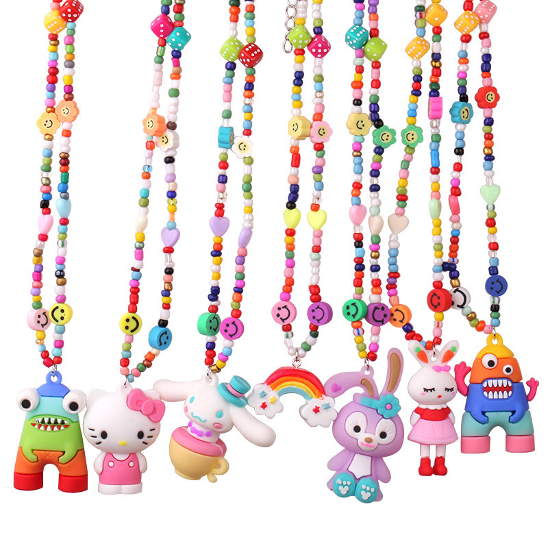 Girls Cartoon Monster Funny Hiphop Necklace Gifts Handmade Colorful Beads Rabbit Cat Panda Rainbow Pendant Cartoon Necklace