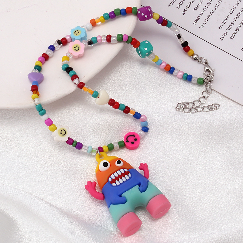 Girls Cartoon Monster Funny Hiphop Necklace Gifts Handmade Colorful Beads Rabbit Cat Panda Rainbow Pendant Cartoon Necklace