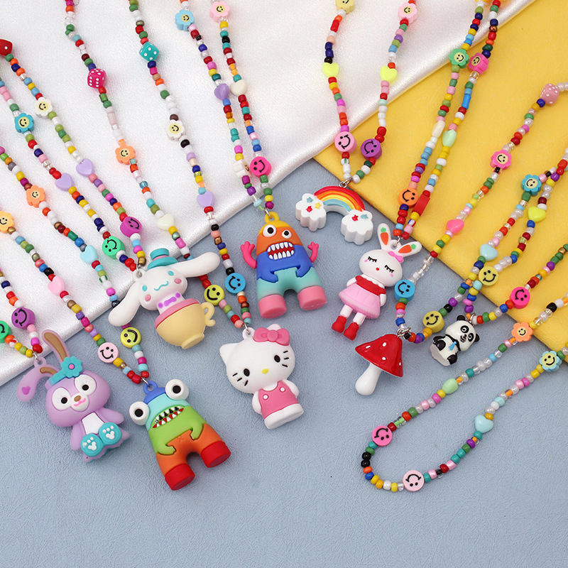 Girls Cartoon Monster Funny Hiphop Necklace Gifts Handmade Colorful Beads Rabbit Cat Panda Rainbow Pendant Cartoon Necklace