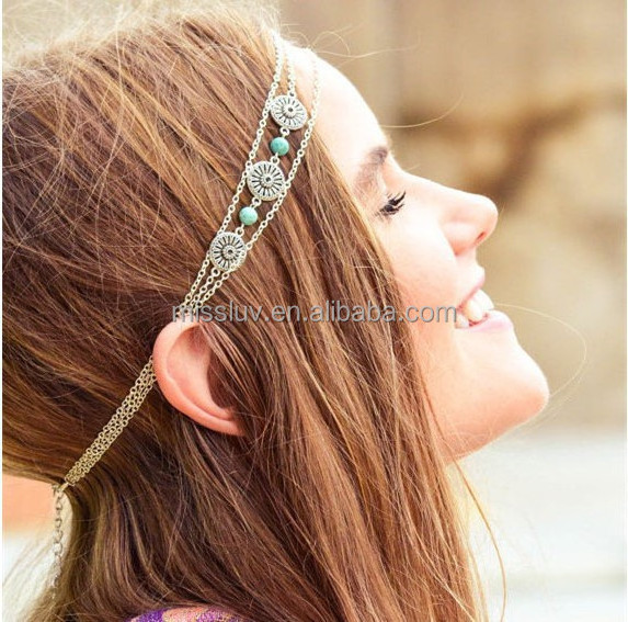 beach multilayer metal gold plated chain hair bands with turquoise beads hair accessories gold chain turquoise headband