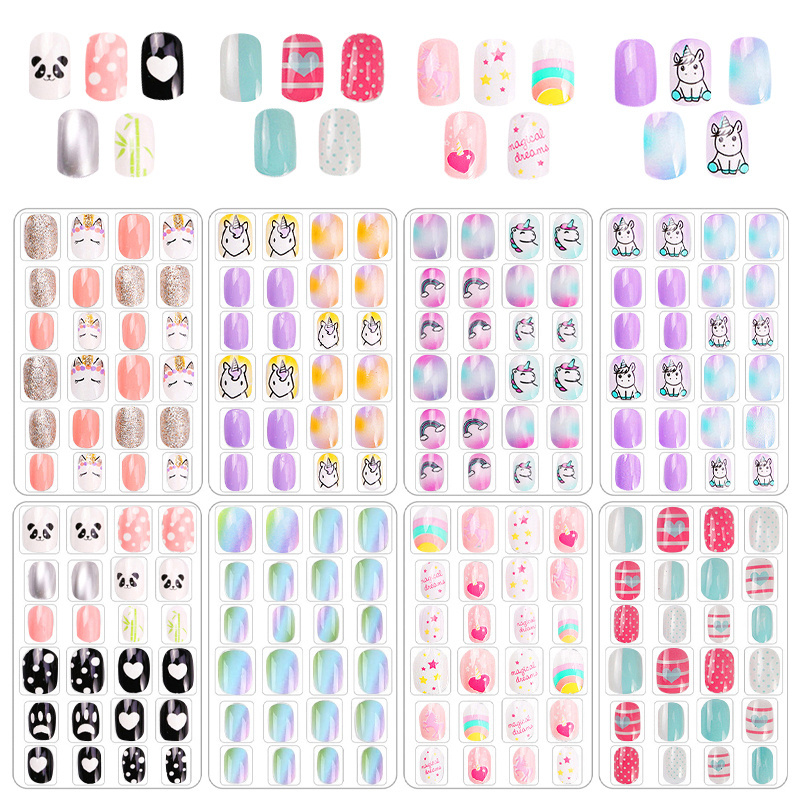 Wholesale Cute Kids Press On Nails Colorful Vegan Ready To Wear False Nails With Glue Pre-Glued Fake Nails For Kids