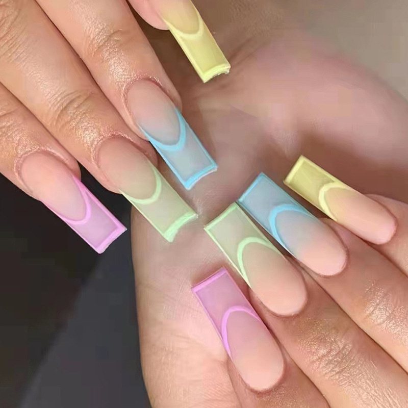 24 Pcs French Press On Long Coffin Fake Nails With Colorful Line Vegan Nail Tips Full Cover Glue On Acrylic Nails