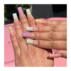 24 Pcs French Press On Long Coffin Fake Nails With Colorful Line Vegan Nail Tips Full Cover Glue On Acrylic Nails