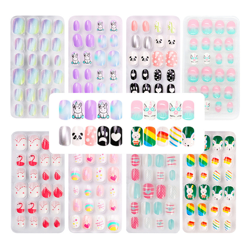 Wholesale Factory Fake Nails For Kids Colorful Rainbow Cute Vegan Children Press On Nails With Glue False Nail Artificial