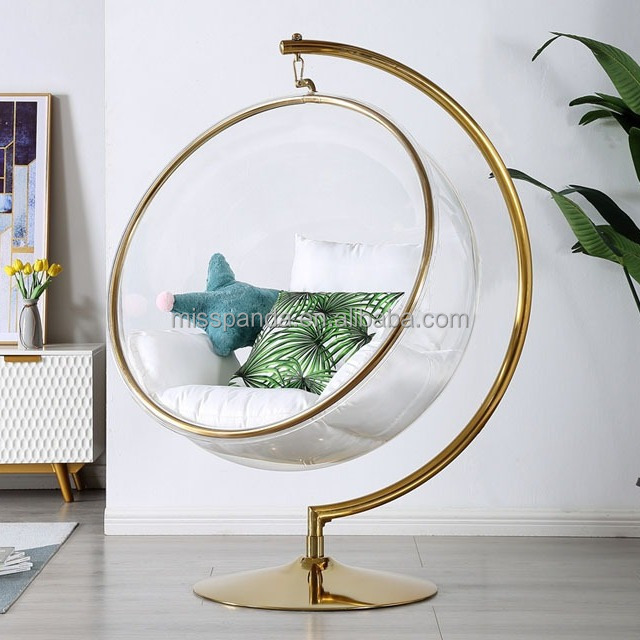 Hot Sell Transparent hanging chairs Swing Floor Stand Golden acrylic Bubble Chair With Stand living room garden manufacture sel