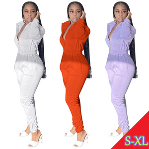 MISSQ FE193 New Trendy Solid color Casual zipper jumpsuit autumn long sleeve velour V-neck fitted jumpsuit for women