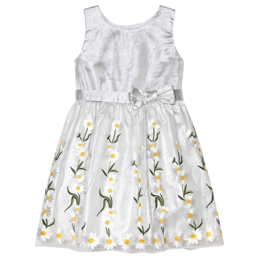 custom 2024 latest style silver satin children girls dresses with Hand embroidery flower fancy boutique toddler baby girl dress