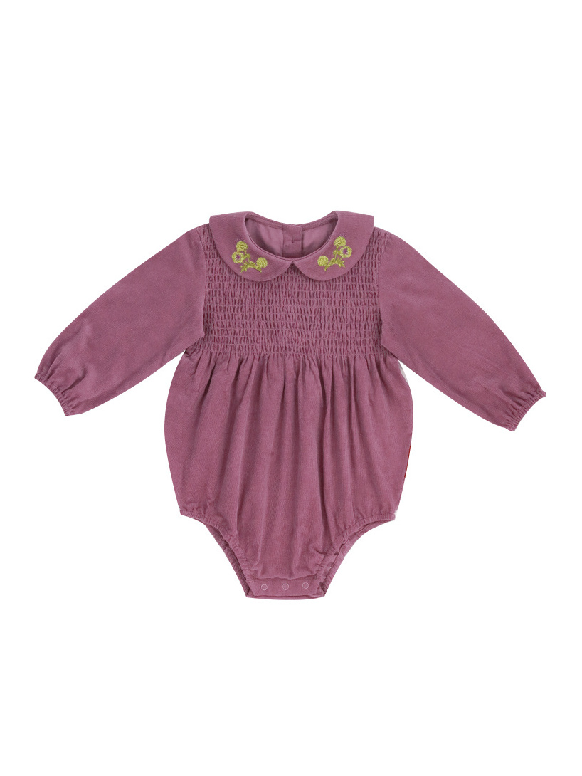 Guangzhou custom baby clothes winter rompers baby girl corduroy cotton baby bubble smocking romper with embroidery on collar