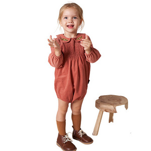 Guangzhou custom baby clothes winter rompers baby girl corduroy cotton baby bubble smocking romper with embroidery on collar