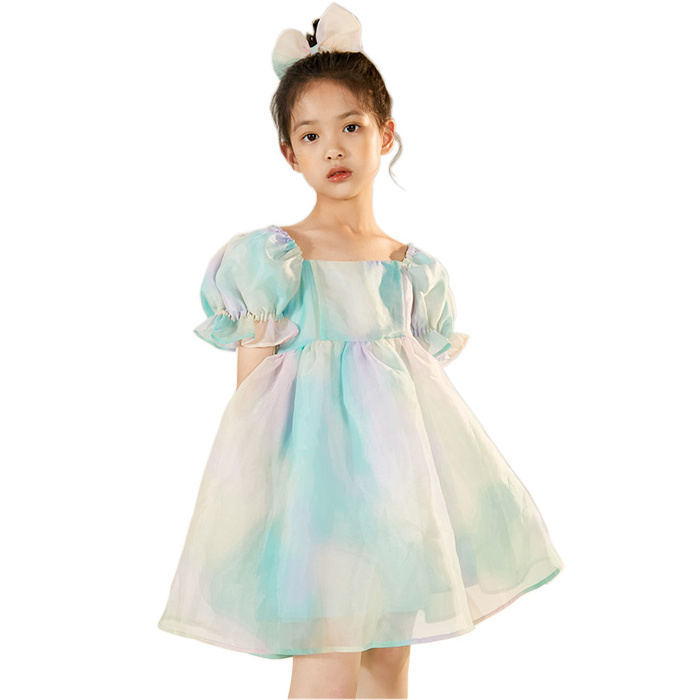 Summer Sustainable Short Sleeve Tulle Dress for Children Sweet Style with Puff Sleeve Solid Pattern for Infant Baby Girls