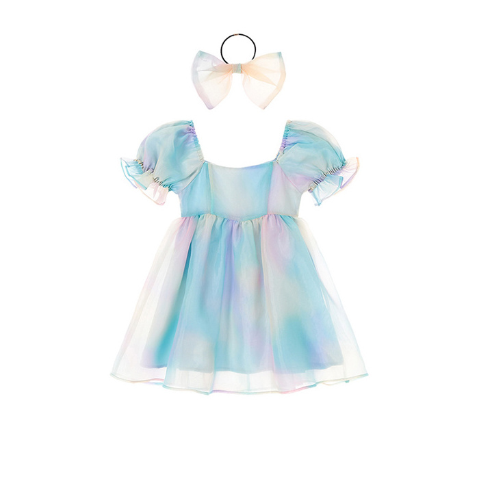 Summer Sustainable Short Sleeve Tulle Dress for Children Sweet Style with Puff Sleeve Solid Pattern for Infant Baby Girls