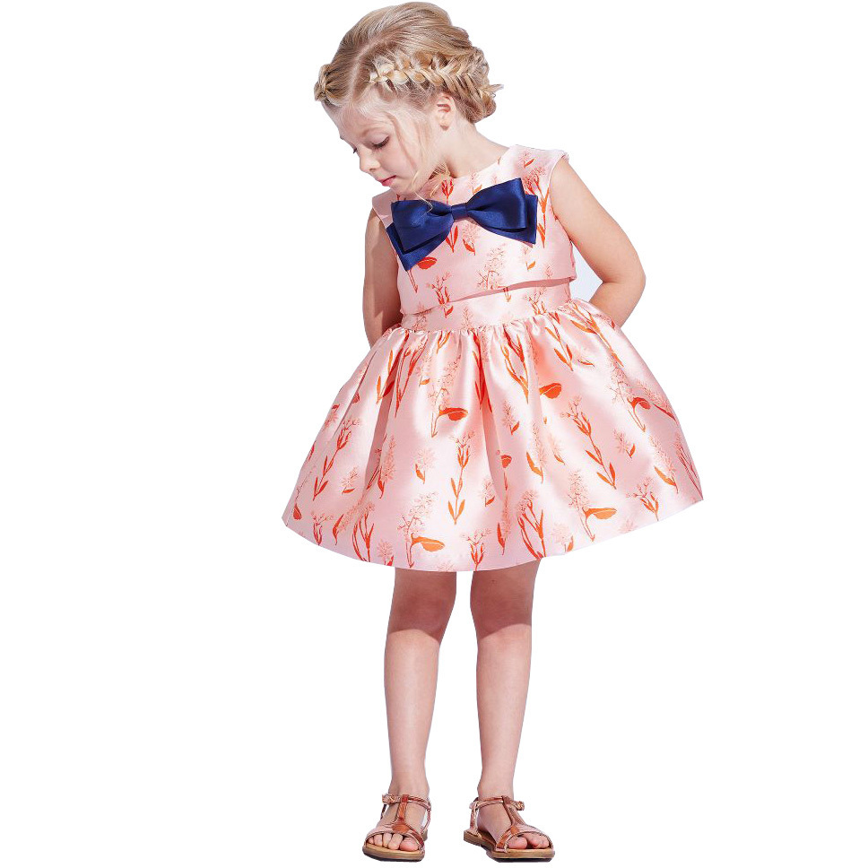 Boutique sweet style children clothing lovely organic cotton printed bow birthday princess dress baby girls party dresses