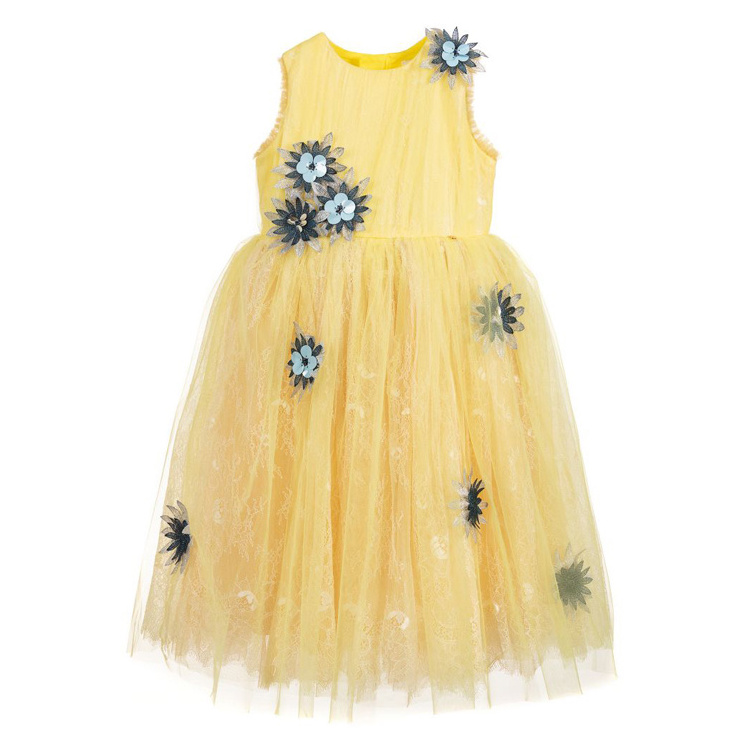 Spring Summer sleeveless beautiful flower tulle dress high-end design long baby girls party dresses with invisible zipper