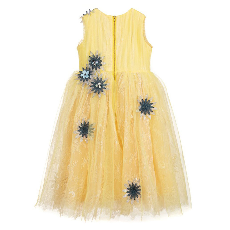 Spring Summer sleeveless beautiful flower tulle dress high-end design long baby girls party dresses with invisible zipper