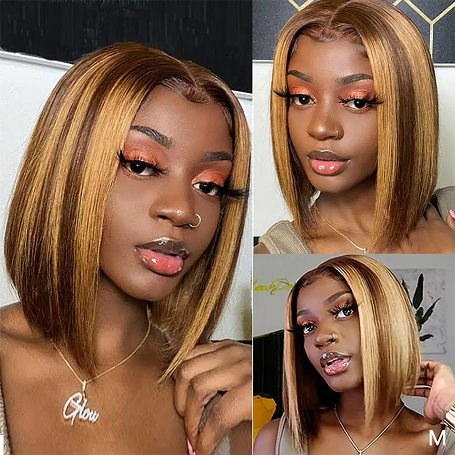 Highlight  Piano Color P4/27# Perruque Double Drawn Wholesale Bone Straight Raw Original Brazilian Human Hair Short Lace Bob Wig