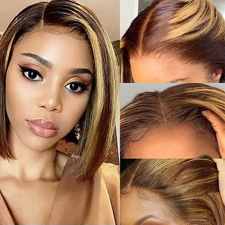 Highlight  Piano Color P4/27# Perruque Double Drawn Wholesale Bone Straight Raw Original Brazilian Human Hair Short Lace Bob Wig