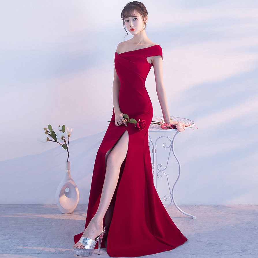 0715#6 color - word shoulder bride toasted Korean version of fashion long sexy fishtail evening dress female red slim