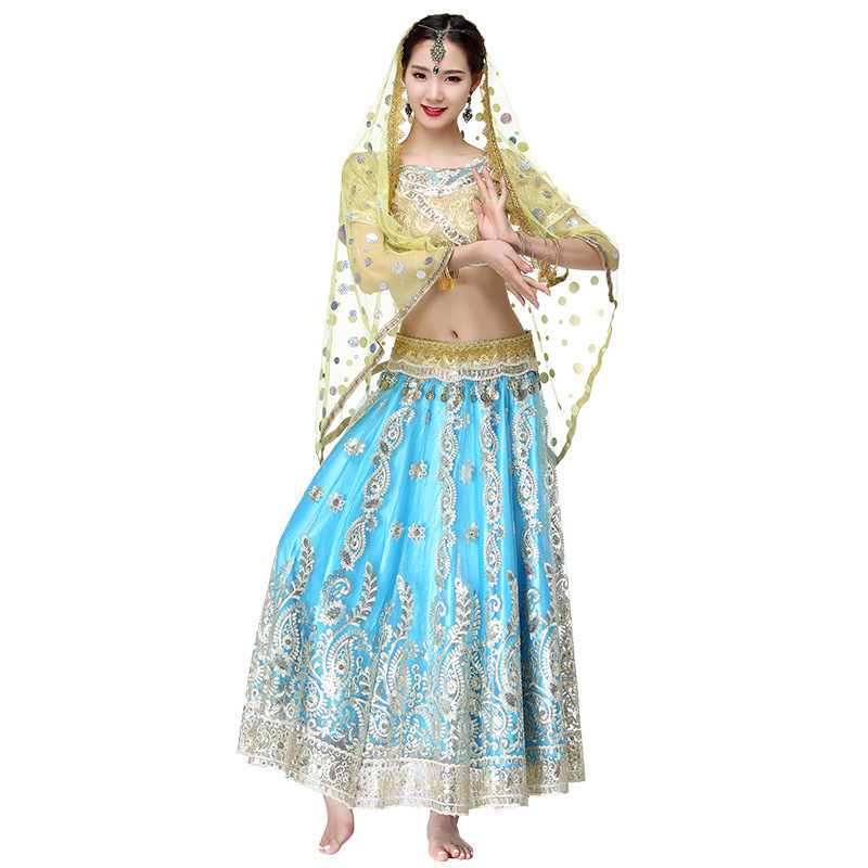 New Indian Saree Female Adult Performance Blue Bollywood Dance Costume