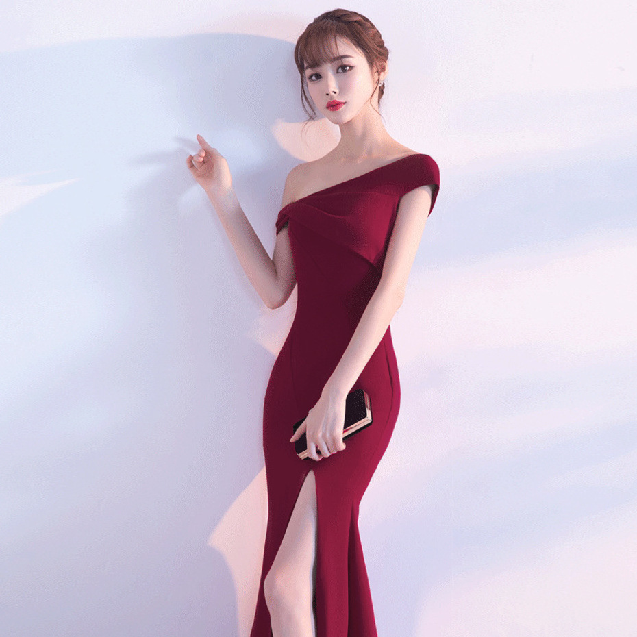 0715#6 color - word shoulder bride toasted Korean version of fashion long sexy fishtail evening dress female red slim