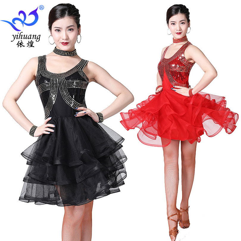 Latin Dance Competition Dress Performance Sequin Square Modern Gauze Costume