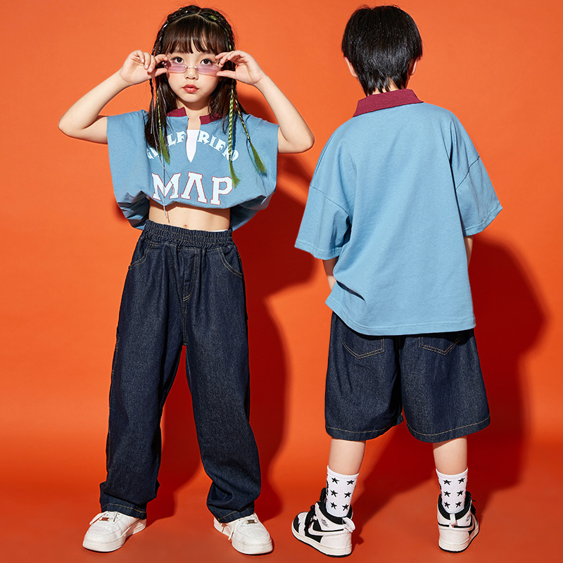 Children's hop dance set Boy fried street polo shirt fashion brand girl jazz model catwalk performance clothing