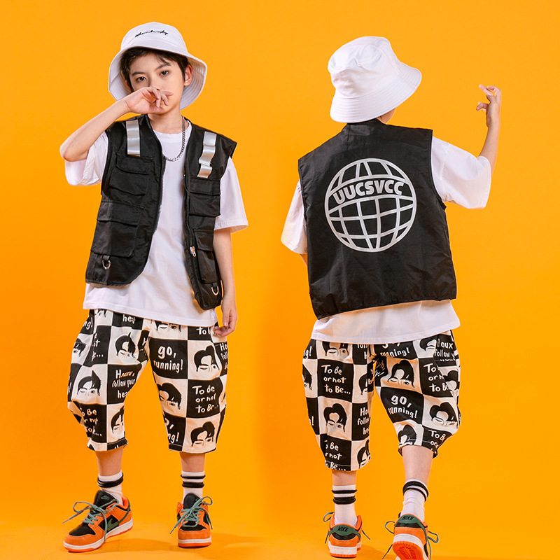 Children's black vest Hop Harlan pants show outfit Boys hop girls Jazz ster