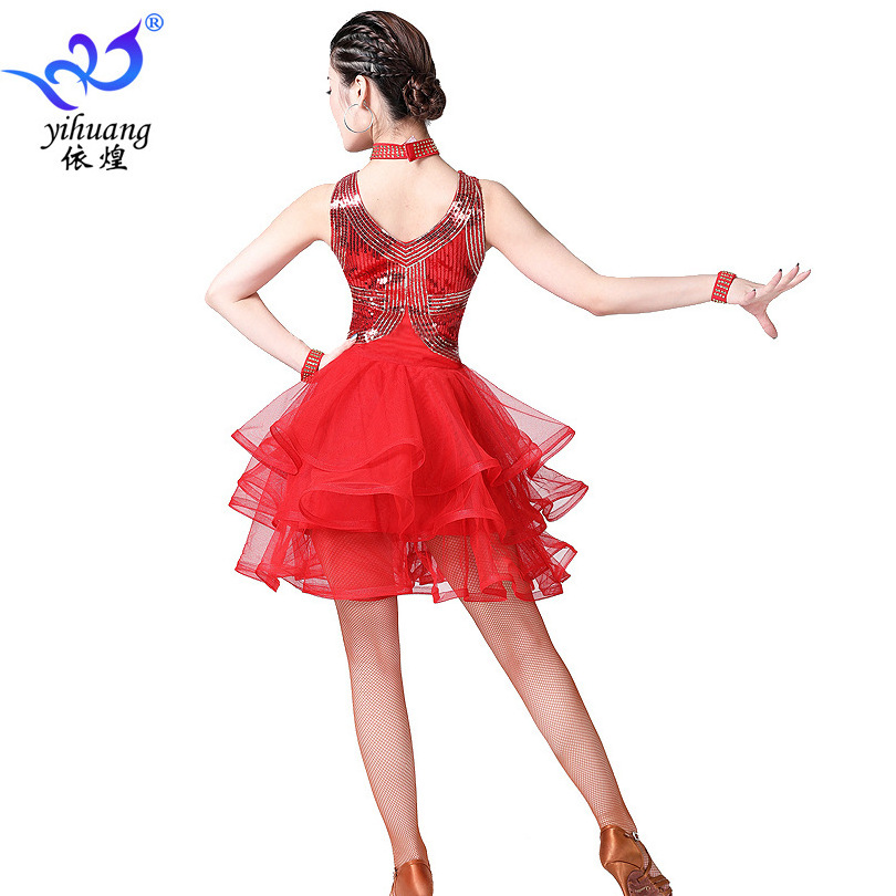 Latin Dance Competition Dress Performance Sequin Square Modern Gauze Costume