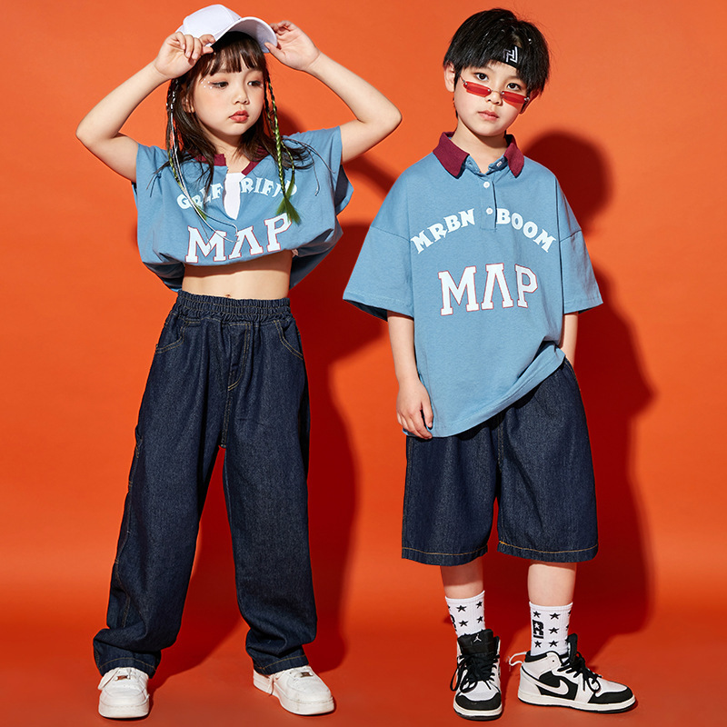 Children's hop dance set Boy fried street polo shirt fashion brand girl jazz model catwalk performance clothing