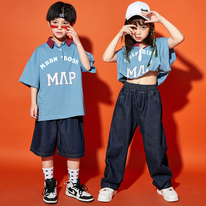 Children's hop dance set Boy fried street polo shirt fashion brand girl jazz model catwalk performance clothing