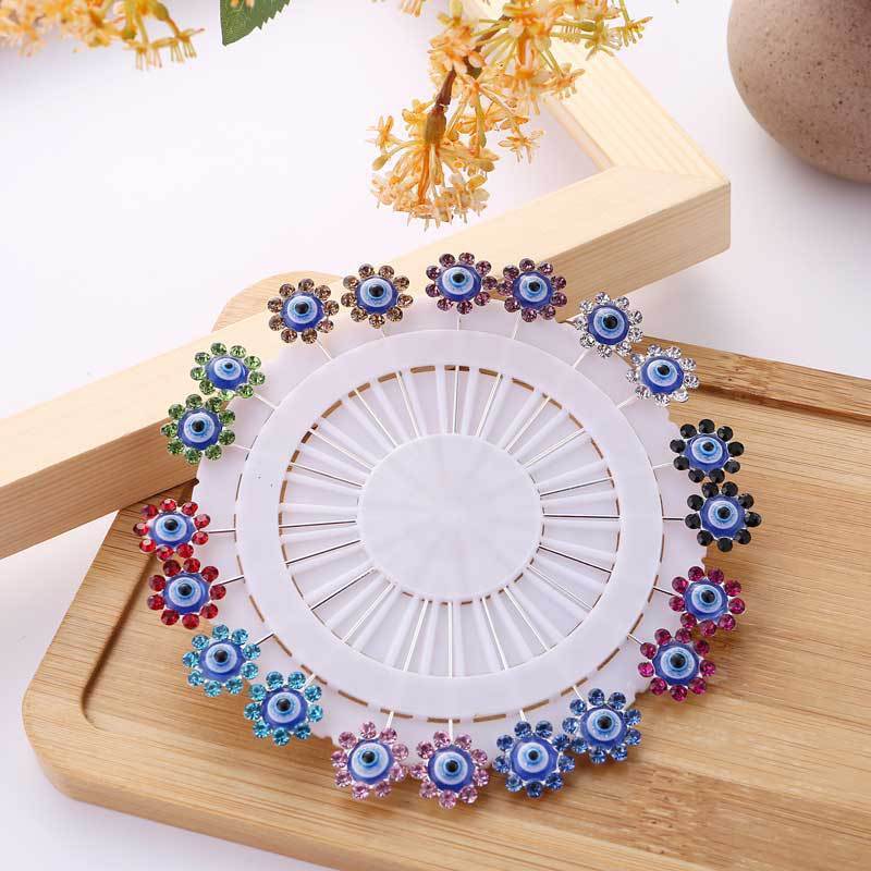 2022 New Creative Sun Eyes Flower Rhinestone Head Scarf Long Needle Ladies Cartoon Pattern Scarf Fix Safety Pin Muslim Hijab Pin