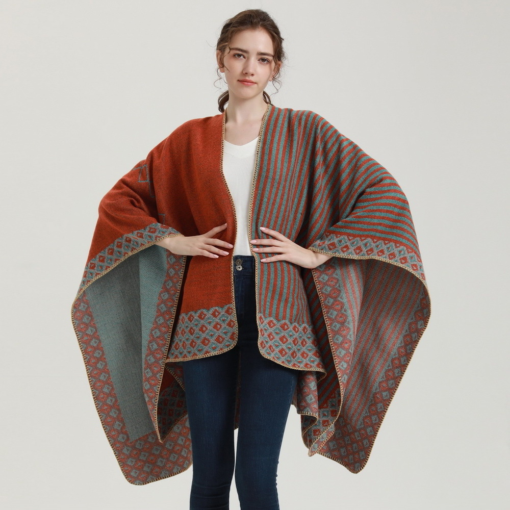 2022 New Custom Winter Large Cloak Shawl Striped Plaid Wraps Scarves Casual Warm Poncho For Women Cashmere Blanket Indoor Poncho