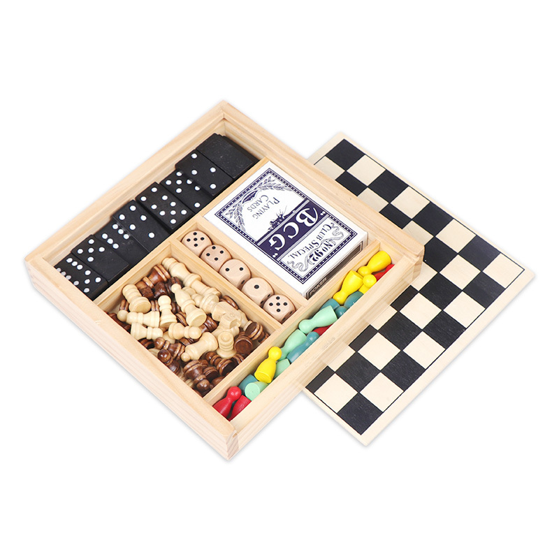 kindergarten portable fashion casual Domino Playing cards wooden chess board 5 in 1 toy game set