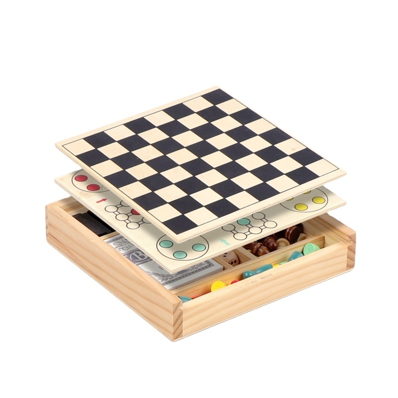 kindergarten portable fashion casual Domino Playing cards wooden chess board 5 in 1 toy game set