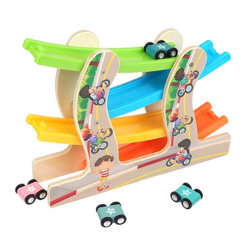 Children Wooden Sliding Car Game Motor Racing Track Toy  Wooden Run Toy