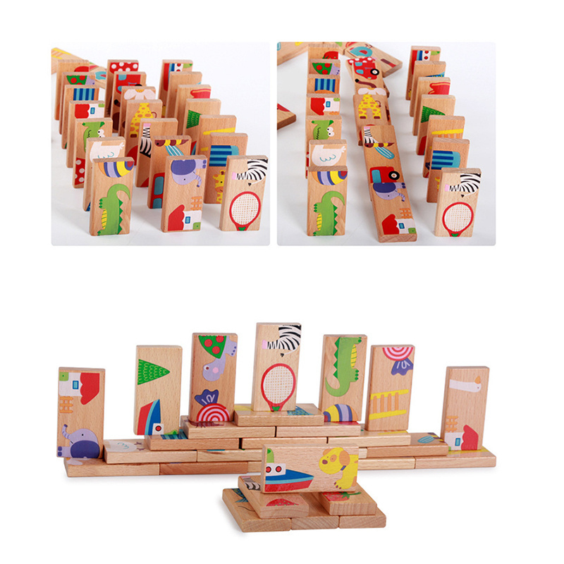 2022 Domino Wooden Customs Printed Domino Set 28Pcs Blocks Animal Domino Toys For Kdis