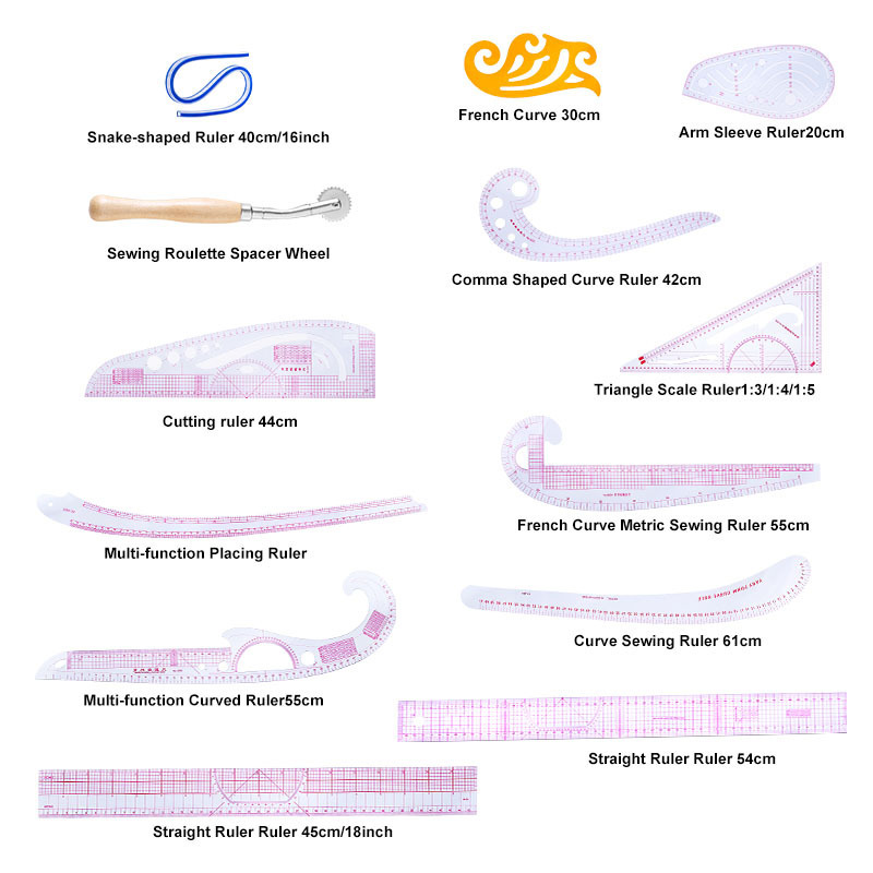 MCZ-109 Multi-functional 13pcs Sewing French Curve Ruler Kit Plastic Tailor Sewing Drawing Ruler Set