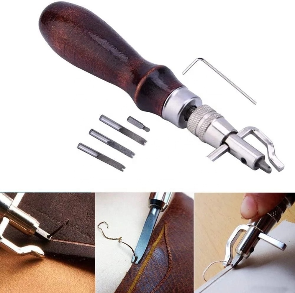 M138 Adjustable Hand Leather Tool Groover Tool + Prong Lacing Stitching Chisel Set Leather Craft Tool For DIY Leather