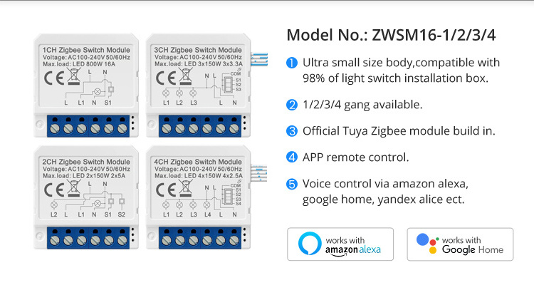 Avatto Zigbee Mini Light  Relay Module  Dual Way Control Switch for Smart Home 1/2/3/4 Gang Switch Module